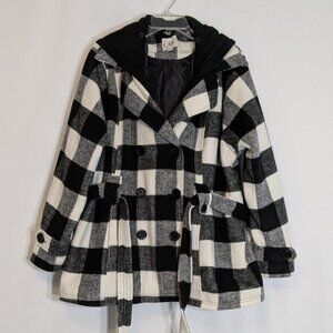 CATO Black/White Plaid Fleece Hooded Mid-Length Button Coat; Size 3X